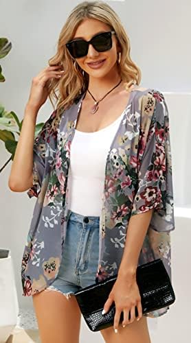 Women's Floral Print Puff Sleeve Kimono Cardigan Loose Cover Up Casual Blouse Tops