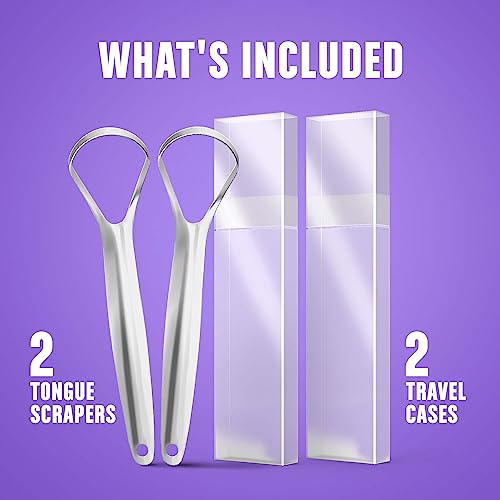 Tongue Scraper for Adults (2 Pack), Reduce Bad Breath (Travel Cases Included), Stainless Steel Tongue Cleaners, 100% Metal Tongue Scraper with Case Fresh Breath Tongue Cleaner Hygiene