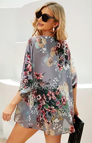 Women's Floral Print Puff Sleeve Kimono Cardigan Loose Cover Up Casual Blouse Tops