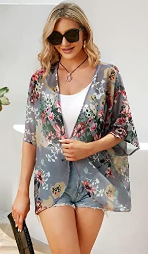 Women's Floral Print Puff Sleeve Kimono Cardigan Loose Cover Up Casual Blouse Tops