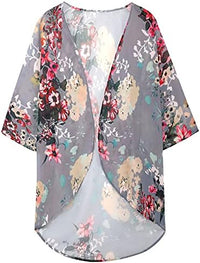 Women's Floral Print Puff Sleeve Kimono Cardigan Loose Cover Up Casual Blouse Tops