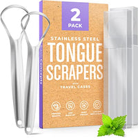 Tongue Scraper for Adults (2 Pack), Reduce Bad Breath (Travel Cases Included), Stainless Steel Tongue Cleaners, 100% Metal Tongue Scraper with Case Fresh Breath Tongue Cleaner Hygiene