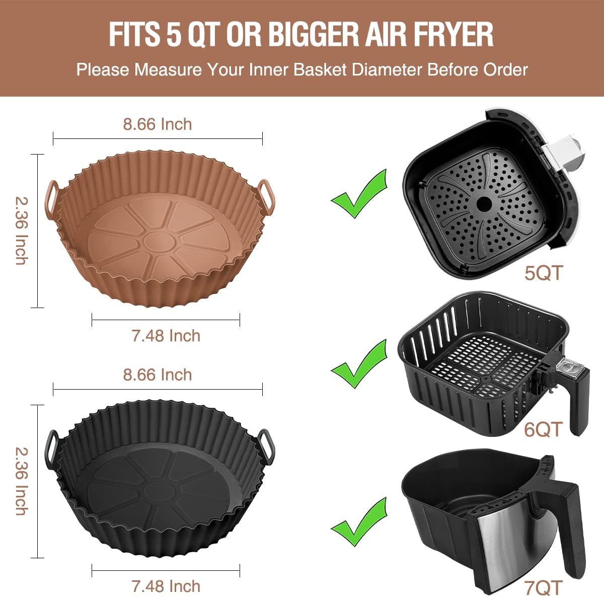 2 Pack Air Fryer Silicone Liners Pot for 3 to 5 QT, Silicone Basket Bowl, Reusable Baking Tray