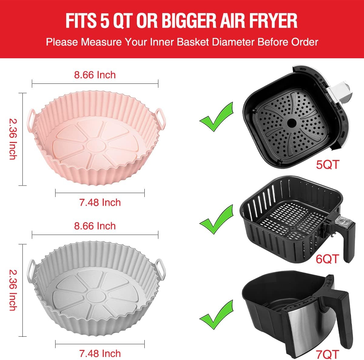 2 Pack Air Fryer Silicone Liners Pot for 3 to 5 QT, Silicone Basket Bowl, Reusable Baking Tray