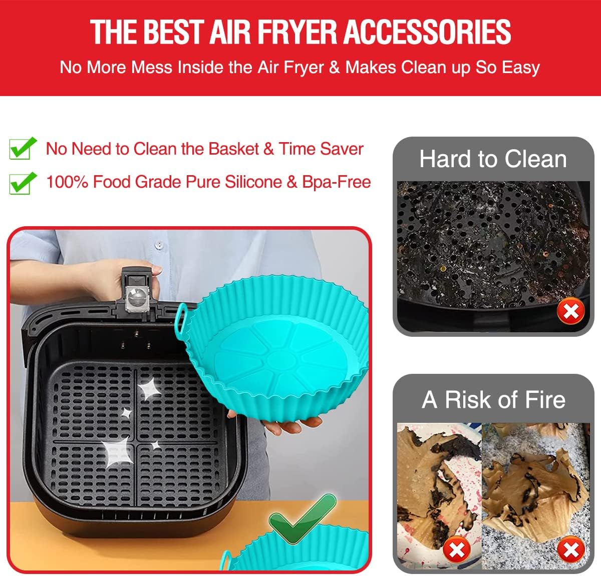 2 Pack Air Fryer Silicone Liners Pot for 3 to 5 QT, Silicone Basket Bowl, Reusable Baking Tray