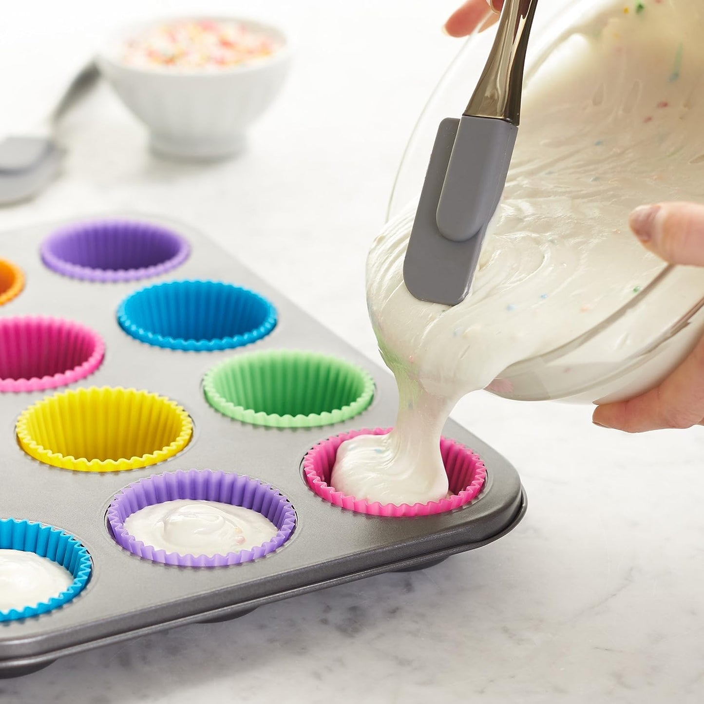 Pack of 12 Reusable Silicone Round Baking Cups, Multicolor Muffin Liners