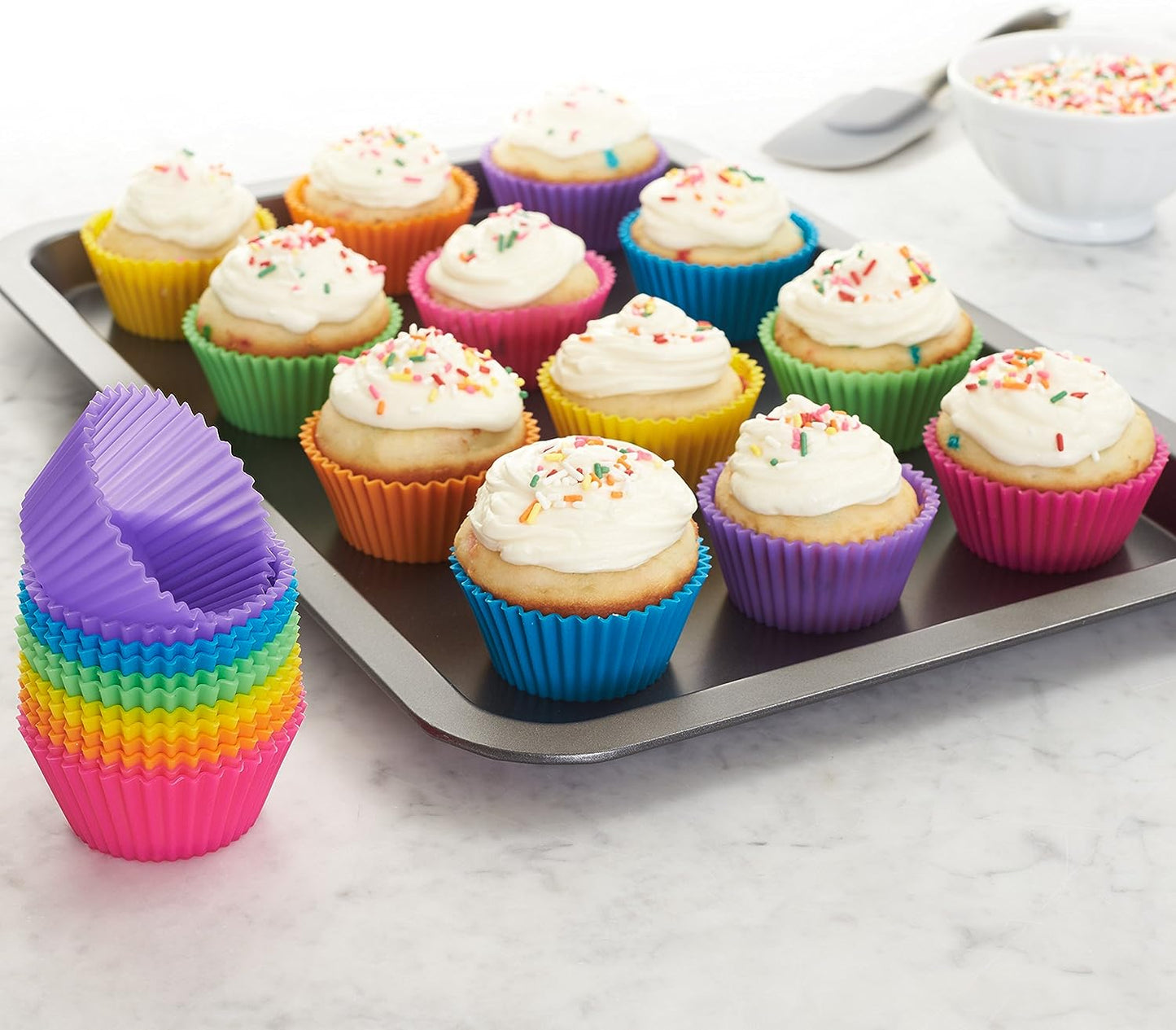 Pack of 12 Reusable Silicone Round Baking Cups, Multicolor Muffin Liners